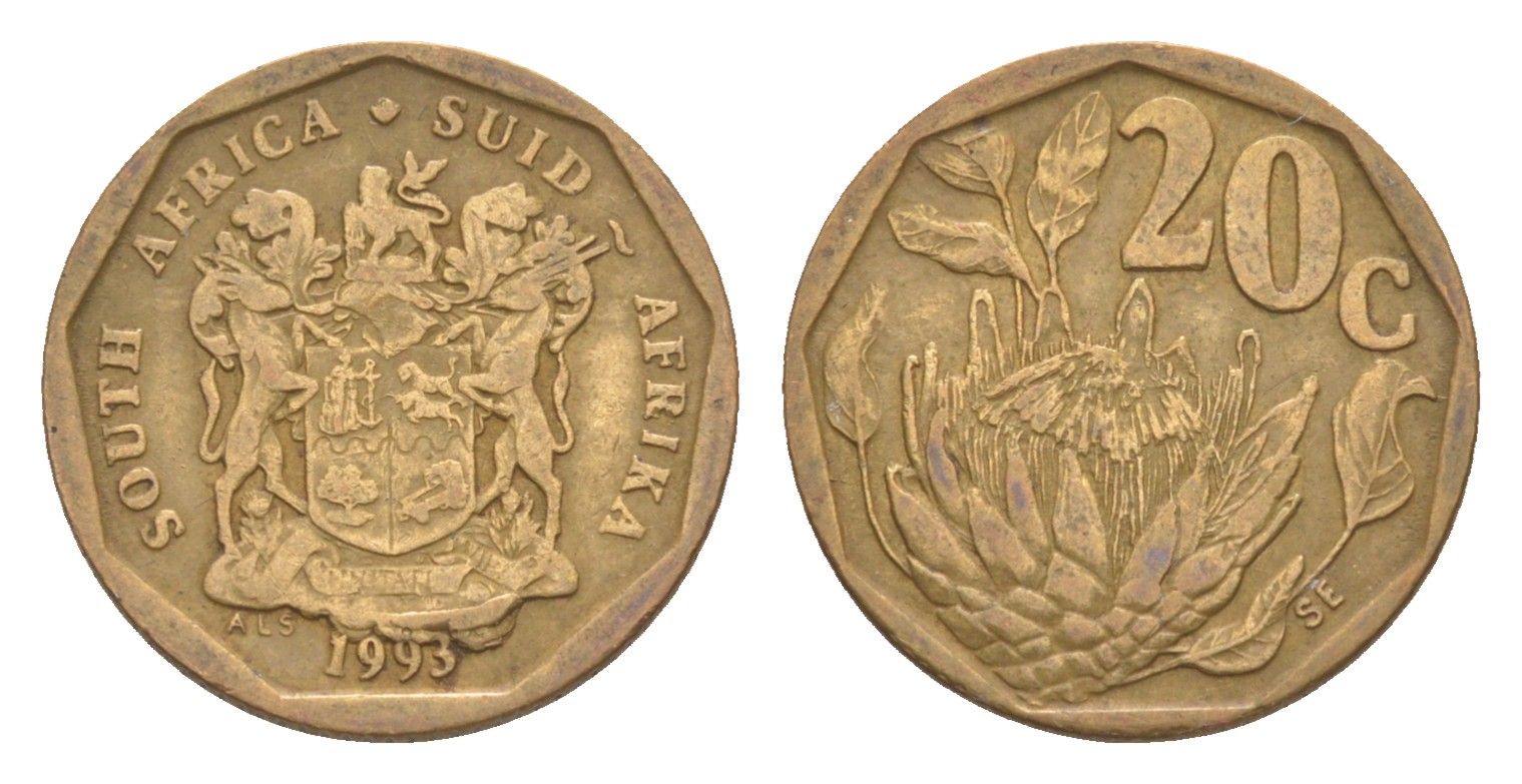ЮАР 20 центов 1993 герб, цветок протея KM 136 сталь плакированная бронзой 4618-333
