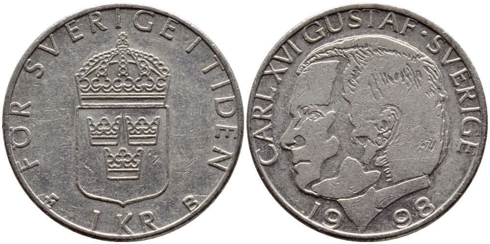 Швеция 1 крона 1998 Карл XVI Густав (1973- ) KM 852a медно-никель 4610-632
