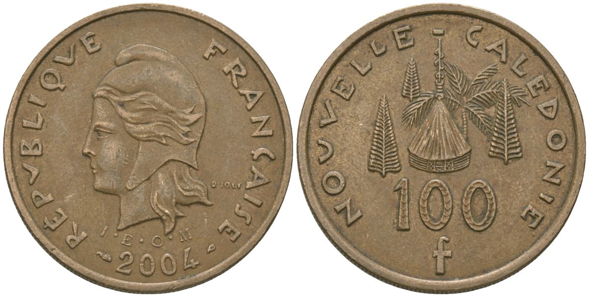Французская Новая Каледония 100 франков 2004 хижина среди сосен и пальм, (IEOM) KM 15, Schoen 16, Lec 139h никель бронза 111-141