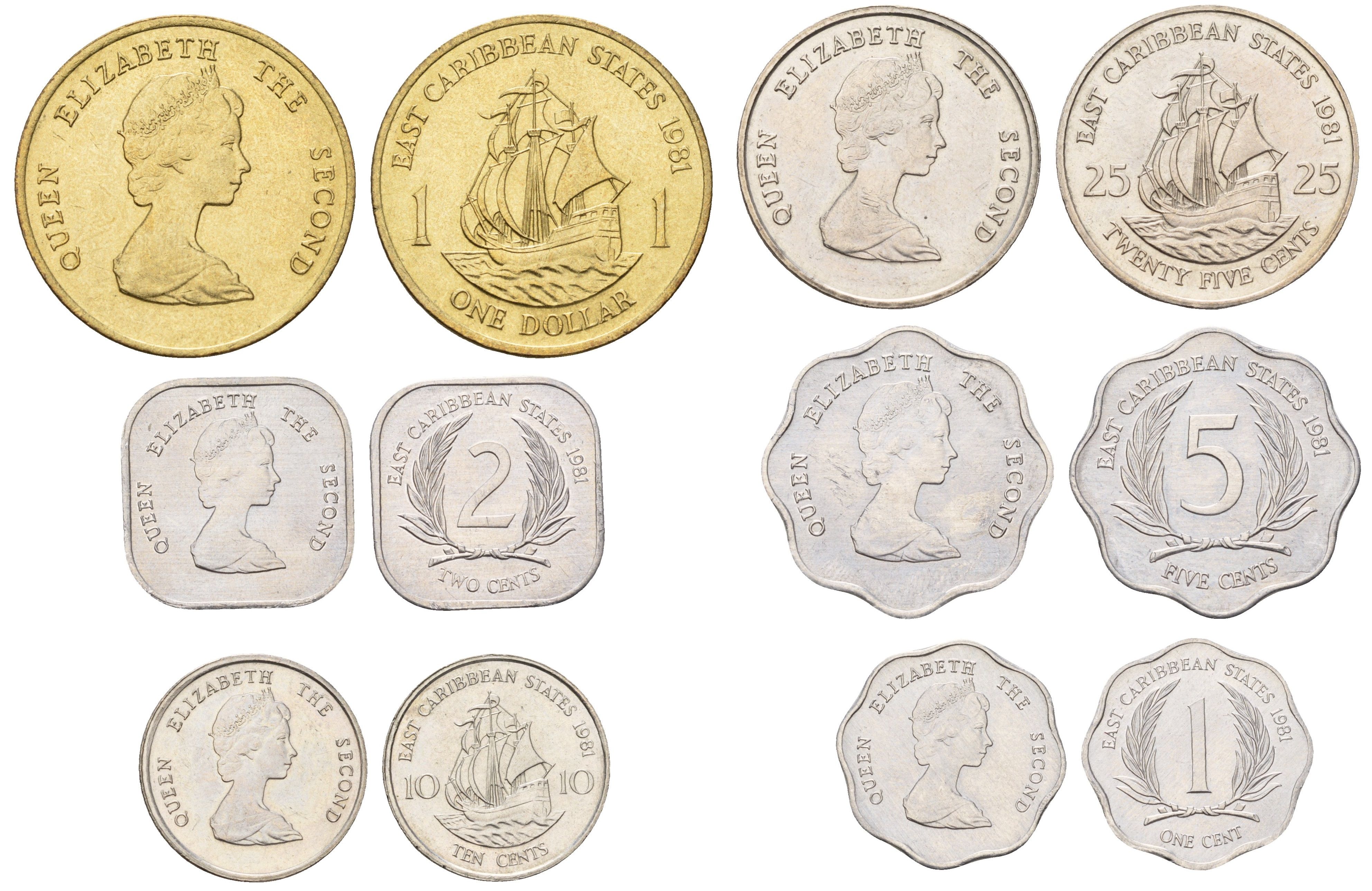 Восточные Карибские острова (Карибы) набор из 6 монет (1, 2, 5, 10, и 25 центов; 1 доллар) 1981 KM 10, 11, 12, 13, 14 и 15 UNC 4670-1041-1045