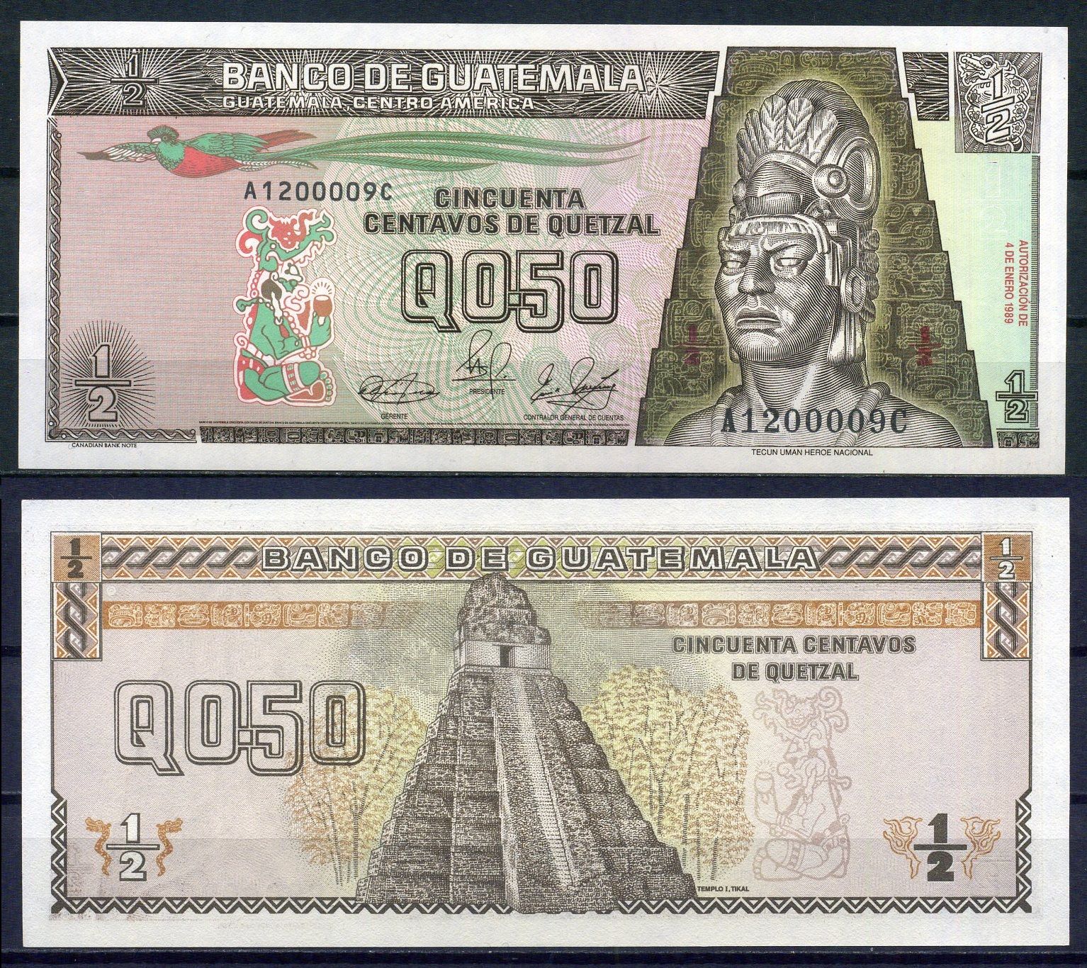 Гватемала 0,50 сентаво  1989  Pick 72 a  бумага  UNC (пресс) 7221-18-2-2