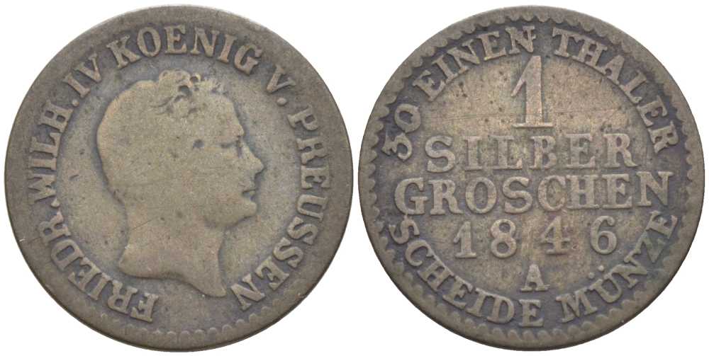 ПРУССИЯ 1 ГРОШ 1846 А, ФРИДРИХ ВИЛЬГЕЛЬМ IV (1840-1861) KM 435 серебро 201-629