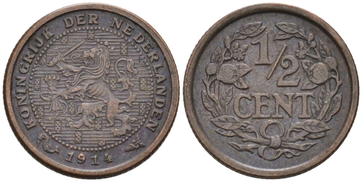 Нидерланды 1/2 цента 1914 Вильгельмина (1890-1948) KM 138 бронза 4576-353