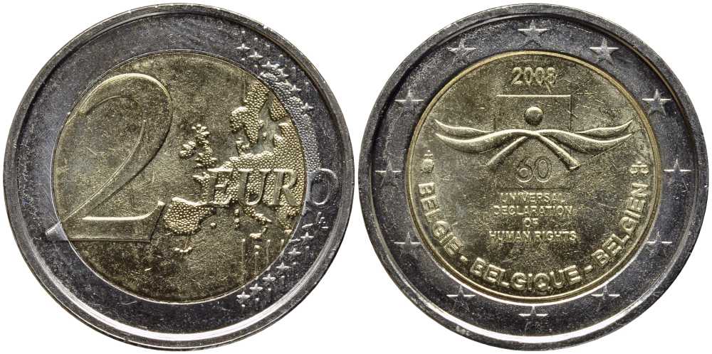 Бельгия 2 евро 2008 60 лет принятие декларации прав человека KM 248 биметалл UNC 115-1243