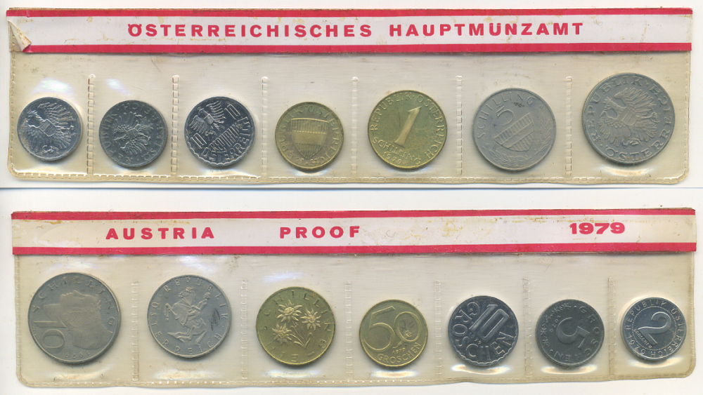 Австрия набор из 7 монет  1979  2, 5, 10, 50 грошей, 1, 5, 10 шиллингов, в целлофане KM PS 39 PROOF 4400-2-2
