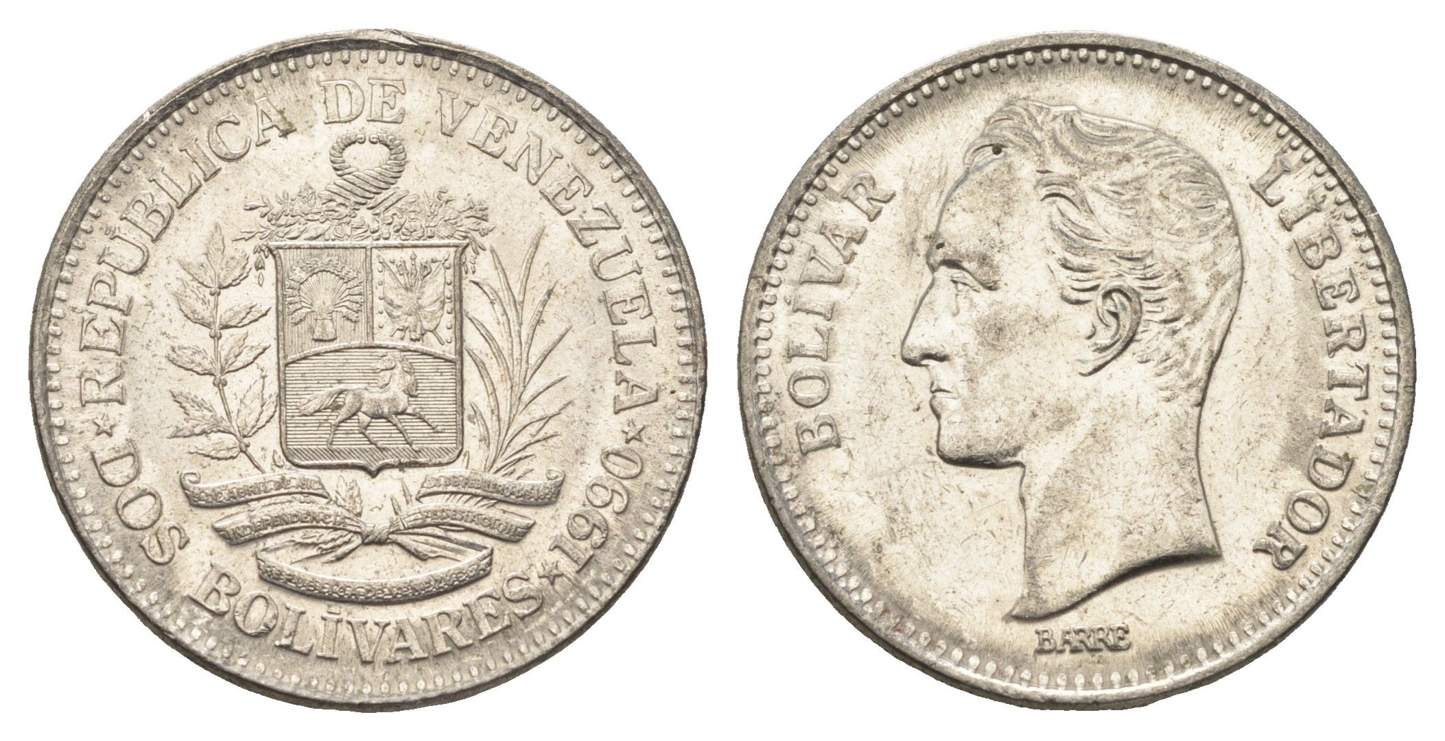Венесуэла 2 боливара 1990 Симон Боливар Y 43a сталь плакированная никелем 4662-956