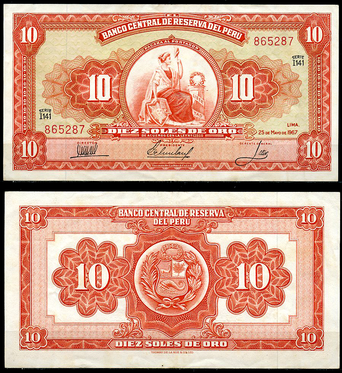 Перу 10 солей 1967 сидящая свобода, Thomas de la Rue Pick 84 a  бумага  аUNC 444-144-1-2