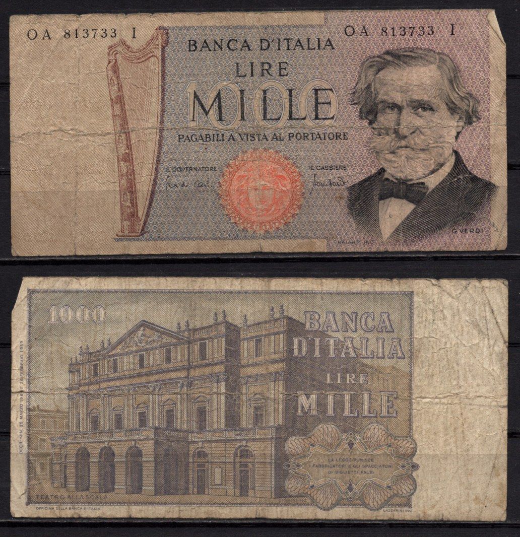 Италия 1000 лир 1969 Джузеппе Верди, «Театро Ла Скала», Милан. Pick 101 a бумага 7548-74-2-2