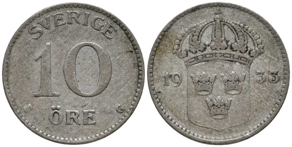 Швеция 10 эре 1933 G, Густав V (1907-1950) КМ 780 серебро 201-1062