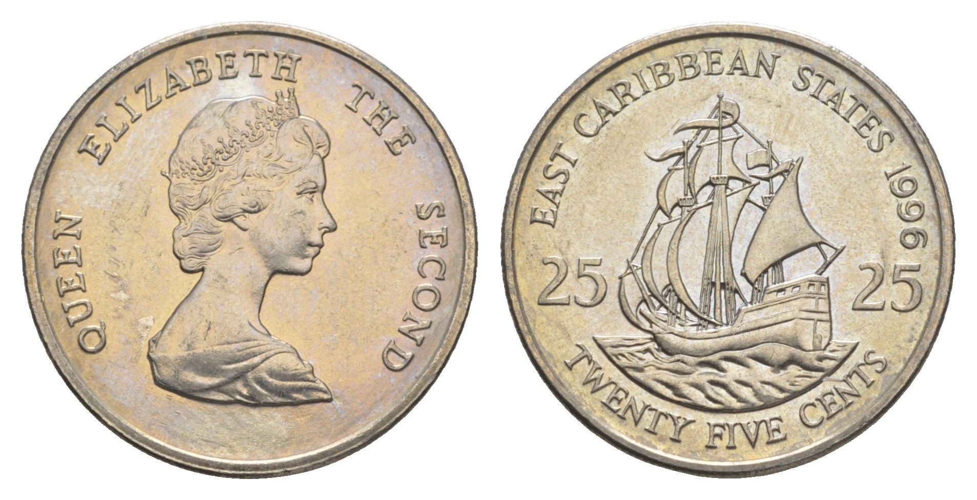 Восточные Карибы (Восточно-Карибские штаты) 25 центов 1996 Елизавета II (1952-2022), парусник KM 14 медно-никель UNC 4652-912