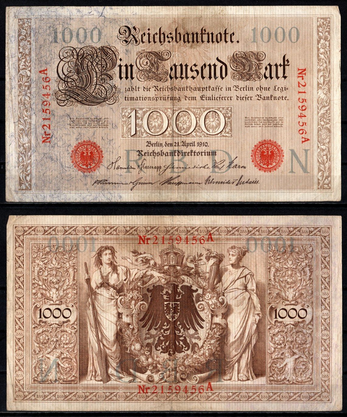 Германия 1000 марок 1910 Берлин, A; аллегорические фигуры («Мореплавание» и «Земледелие»), герб Pick 44 b бумага 7547-84-2-1