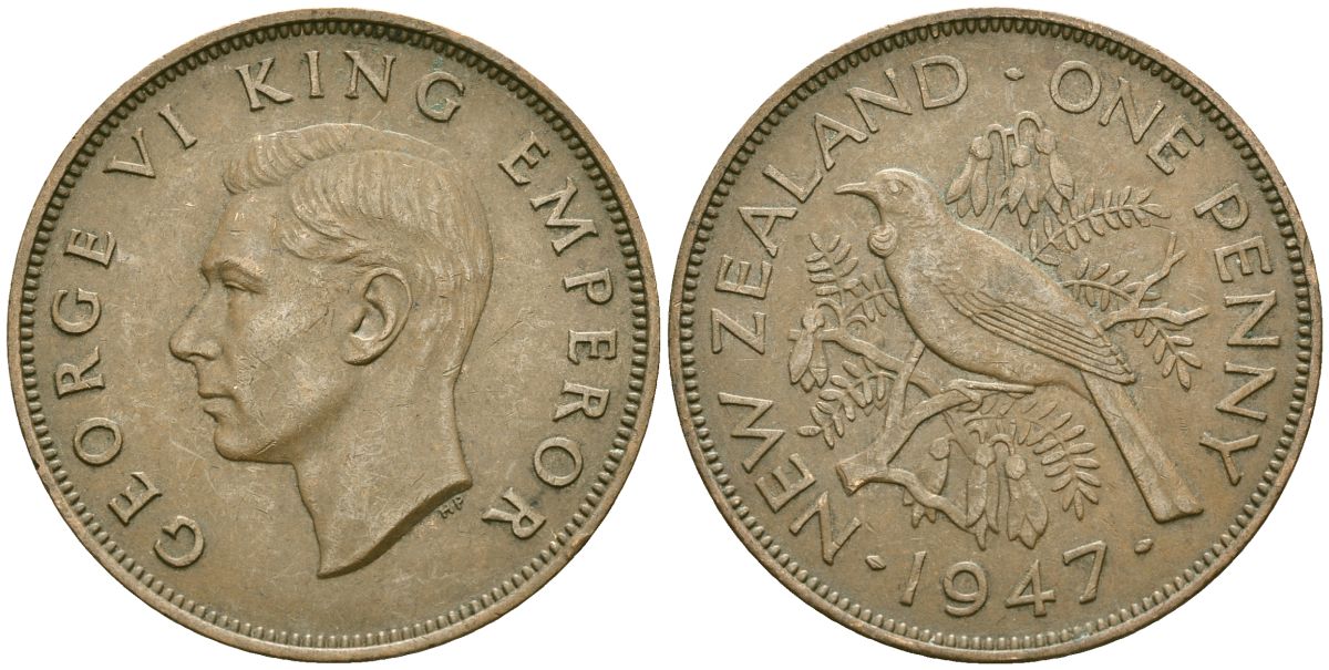 Новая Зеландия 1 пенни 1947 Птица Туи, Король Георг VI (1937 - 1952) KM 13 бронза 81-923