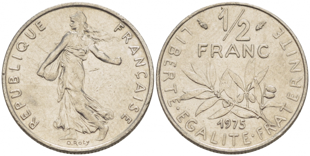 ФРАНЦИЯ 1/2 ФРАНКА 1975 KM 931.1 никель 3309-169