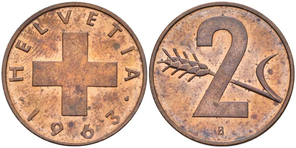 Швейцария 2 раппена 1963 В KM 47 бронза 4584-152