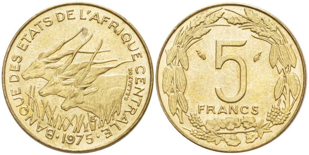 ВАЛЮТНЫЙ СОЮЗ СТРАН ЦЕНТРАЛЬНОЙ АФРИКИ 5 ФРАНКОВ 1975 KM 7 алюминиевая бронза 202-847