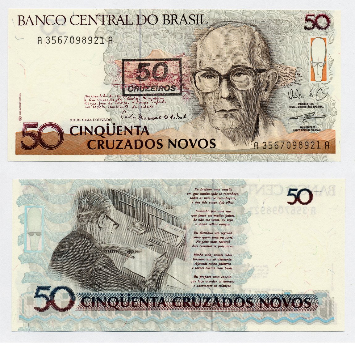 БРАЗИЛИЯ 50 КРУЗЕЙРО 1990 НАДПЕЧАТКА НА 50 КРУЗАДО НОВЫХ, КАРЛОС ДРУММОНД де АНДРАДЕ БРАЗИЛЬСКИЙ ПОЭТ Pick 223 бумага UNC (ПРЕСС) 7207-20-1