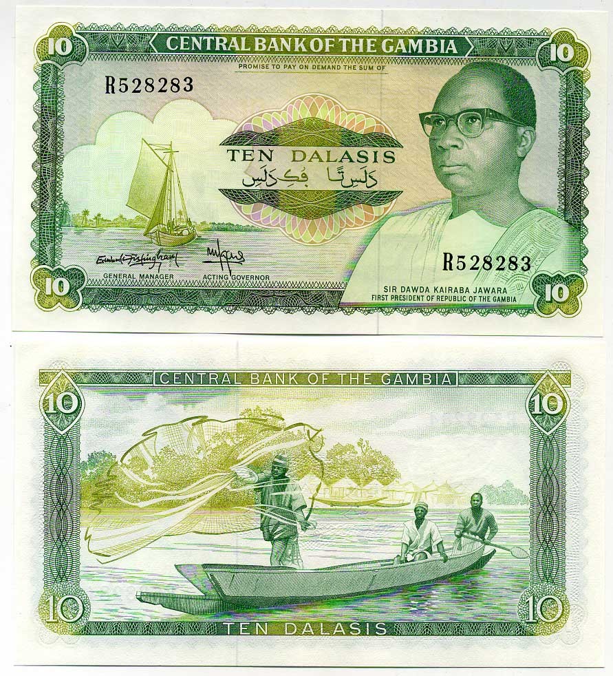 Гамбия 10 даласи ND (1987-1990) Дауда Кайраба Джавара Pick 10 b бумага UNC (пресс) 7204-66-2