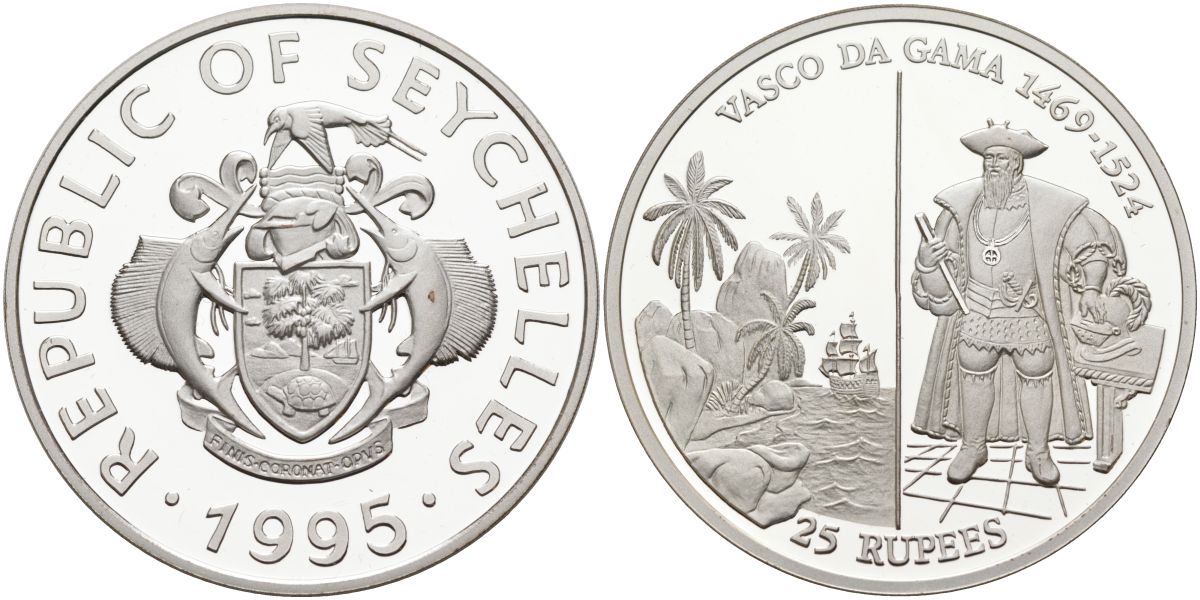 Сейшельские острова 25 рупий 1995 Васко да Гама (1469-1574), парусник KM 81 серебро PROOF 11-327-13