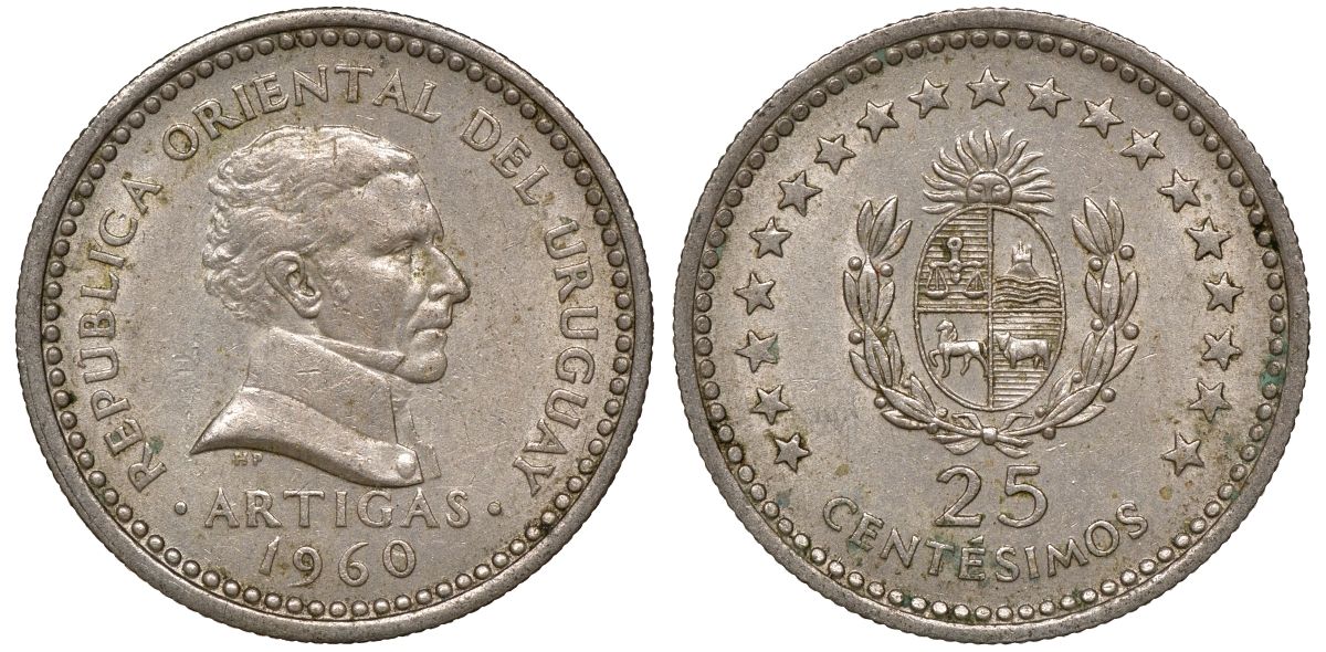 Уругвай 25 сентесимо 1960 KM 40 медно-никель 4169-964