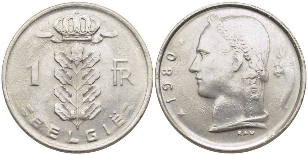 БЕЛЬГИЯ 1 ФРАНК 1980 BELGIE, БОДУЭН I (1951-1993) KM 143.1 медно-никель 119-657