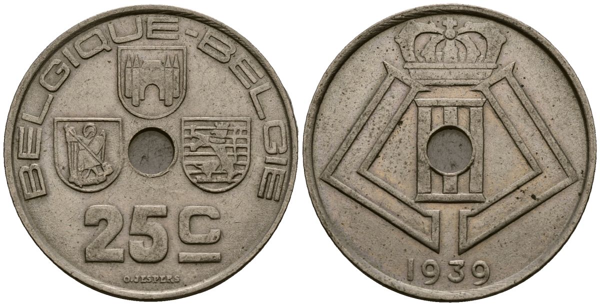 Бельгия 25 сантимов 1939 Belgique - Belgie KM 114 никель латунь 4382-216