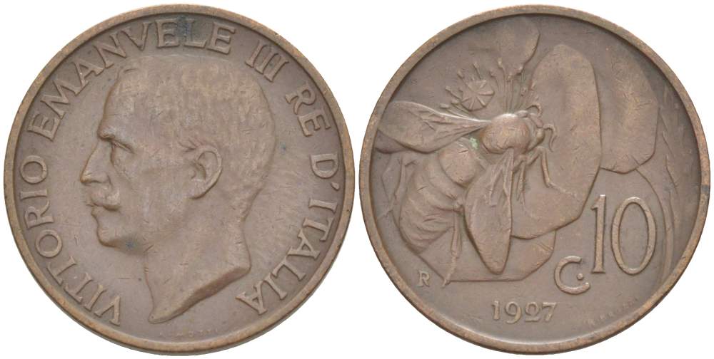 ИТАЛИЯ 10 ЧЕНТЕЗИМО 1927 R, МОНДВОР РИМ, ВИКТОР ЭММАНУИЛ III (1900-1946) KM 60 медь 4525-312