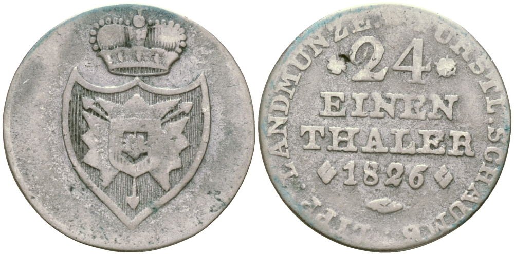 Шаумбург-Липпе 1/24 талера 1826 Георг Вильгельм (1787-1860) KM 43 серебро 99-864
