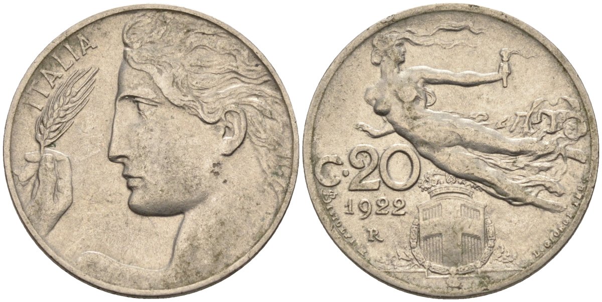 Италия 20 чентезимо 1922 R, Виктор Эммануил (1900-1946) KM 44 никель 4116-1255