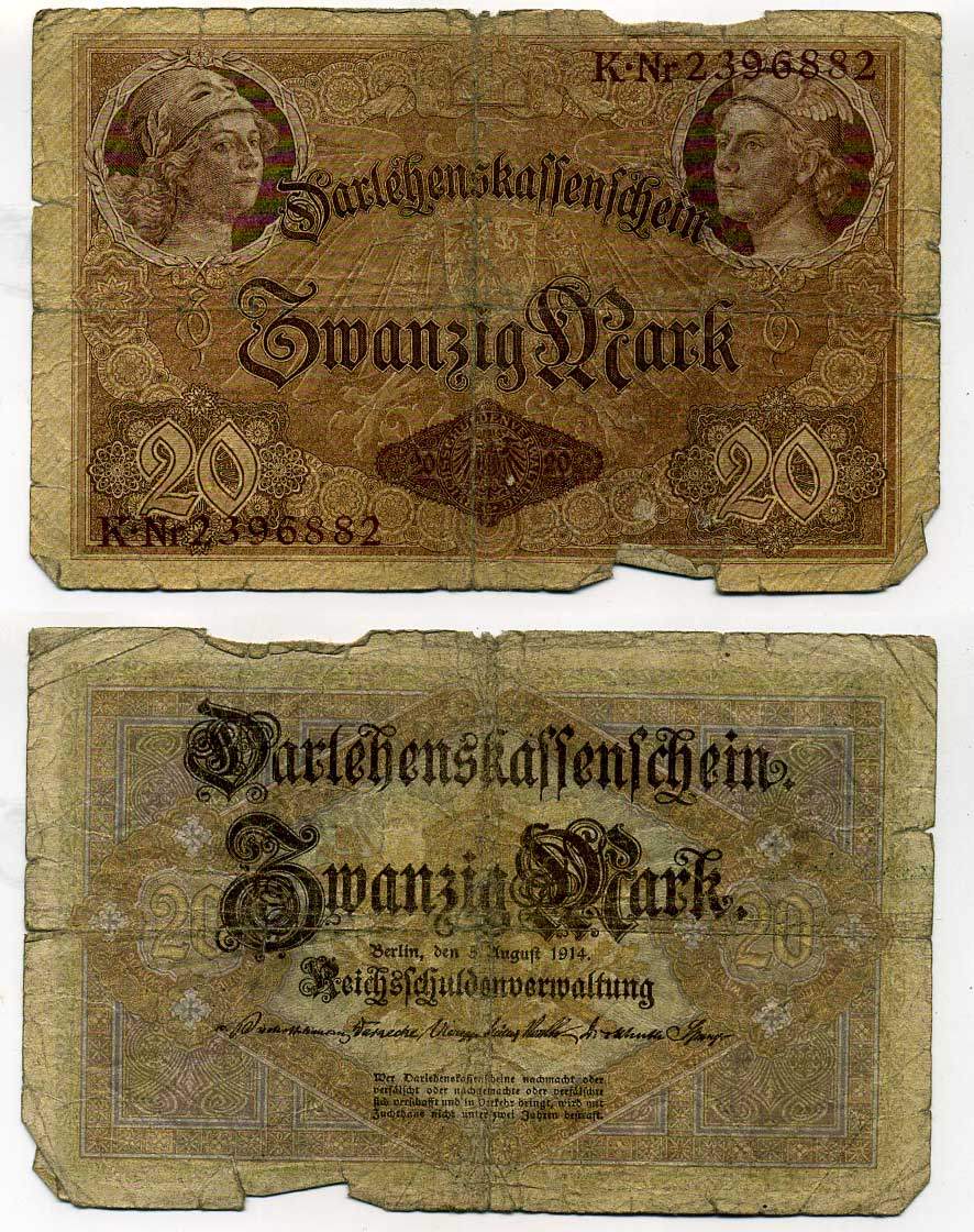 ГЕРМАНИЯ 20 МАРОК 1914 7 значный номер Pick 48 b бумага 6283-48-2