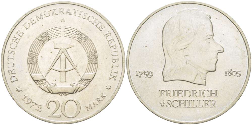 ГДР 20 марок 1972 А, Фридрих Шиллер (1759-1805) KM 40 медно-никель 4521-714