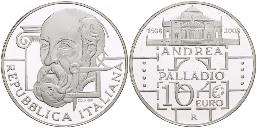 Италия 10 евро 2008 500 лет со дня рождения Андреа Палладио KM 305 серебро PROOF 01-163-45
