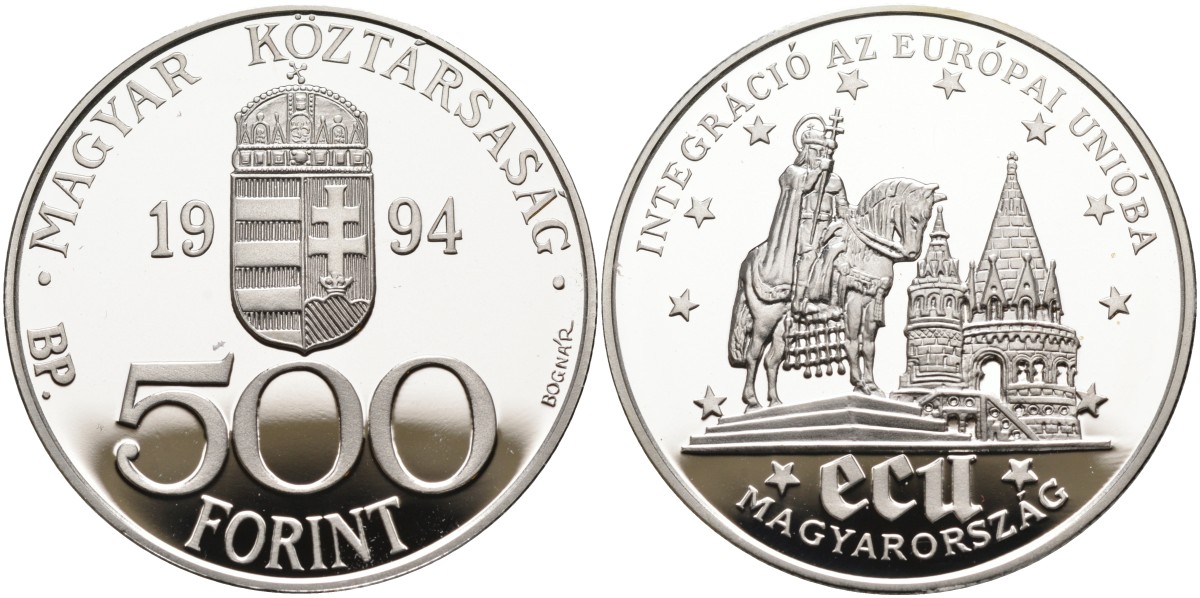 Венгрия 500 форинтов 1994 интеграция в европейский Союз KM 710 серебро PROOF 11-133-33