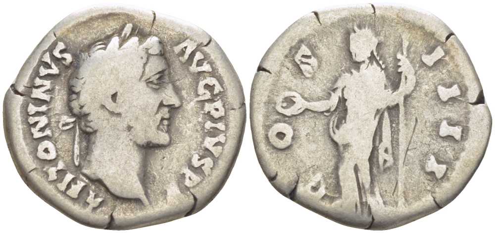 Римская Империя денарий 145 - 161 Антонин Пий, ANTONINVS AVG PIVS P P / COS IIII, Рим, fine RIC 129 серебро 1073-6-41