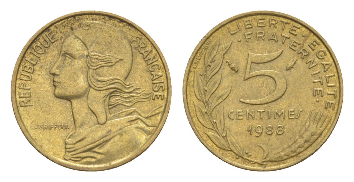 Франция 5 сантимов 1988 тип Morlon KM 933, Le Franc 125.24 алюминиевая бронза 4630-344