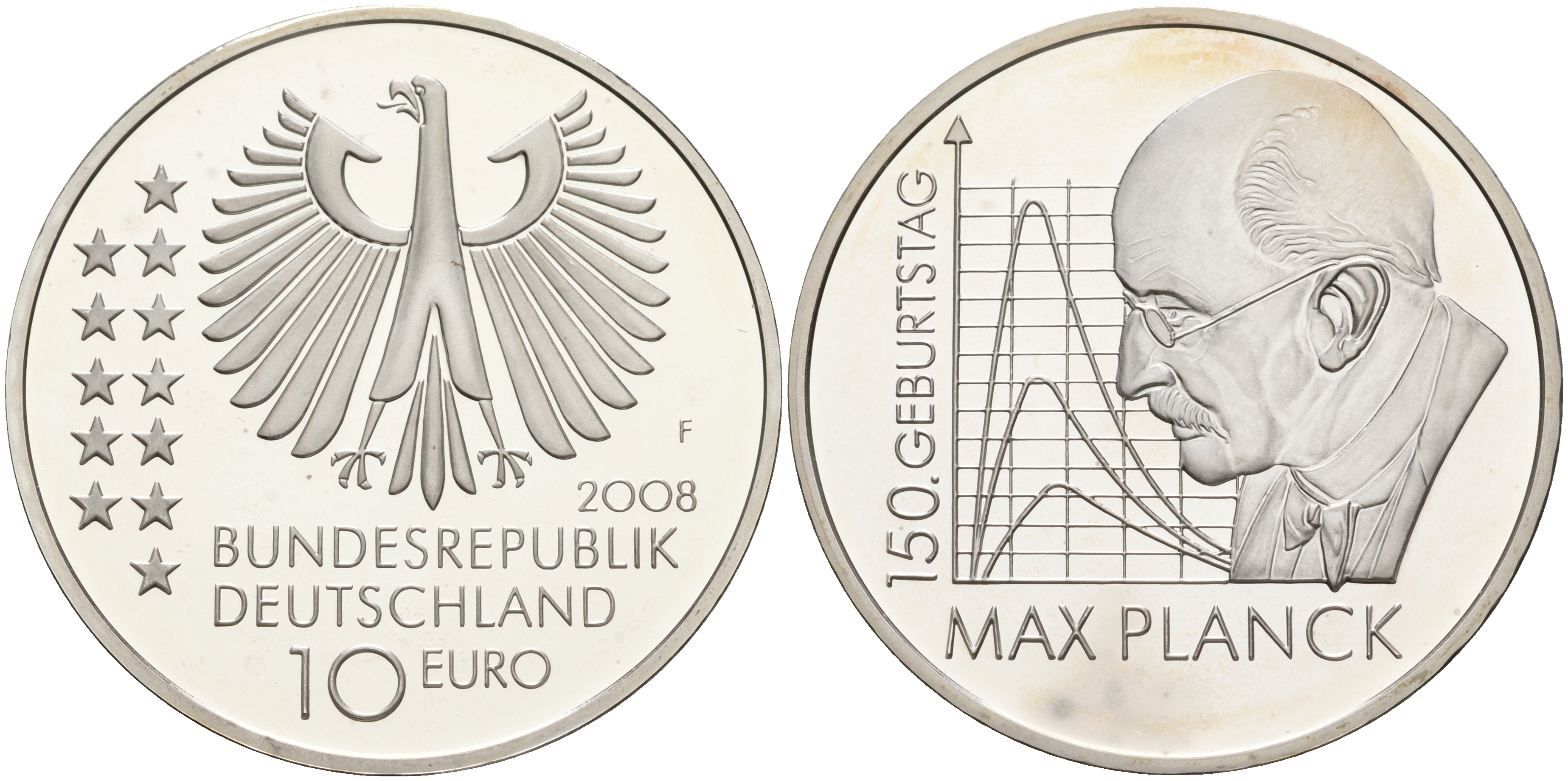 ФРГ 10 евро 2008 F, 150 лет со дня рождения Макса Планка KM 272, DE.S. 10.35 серебро PROOF 1076-3-75