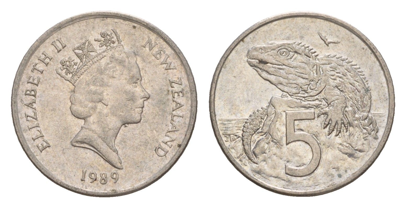 Новая Зеландия 5 центов 1989 Елизавета II (1952-2022), ящерица гаттерия KM 60 медно-никель 4594-415