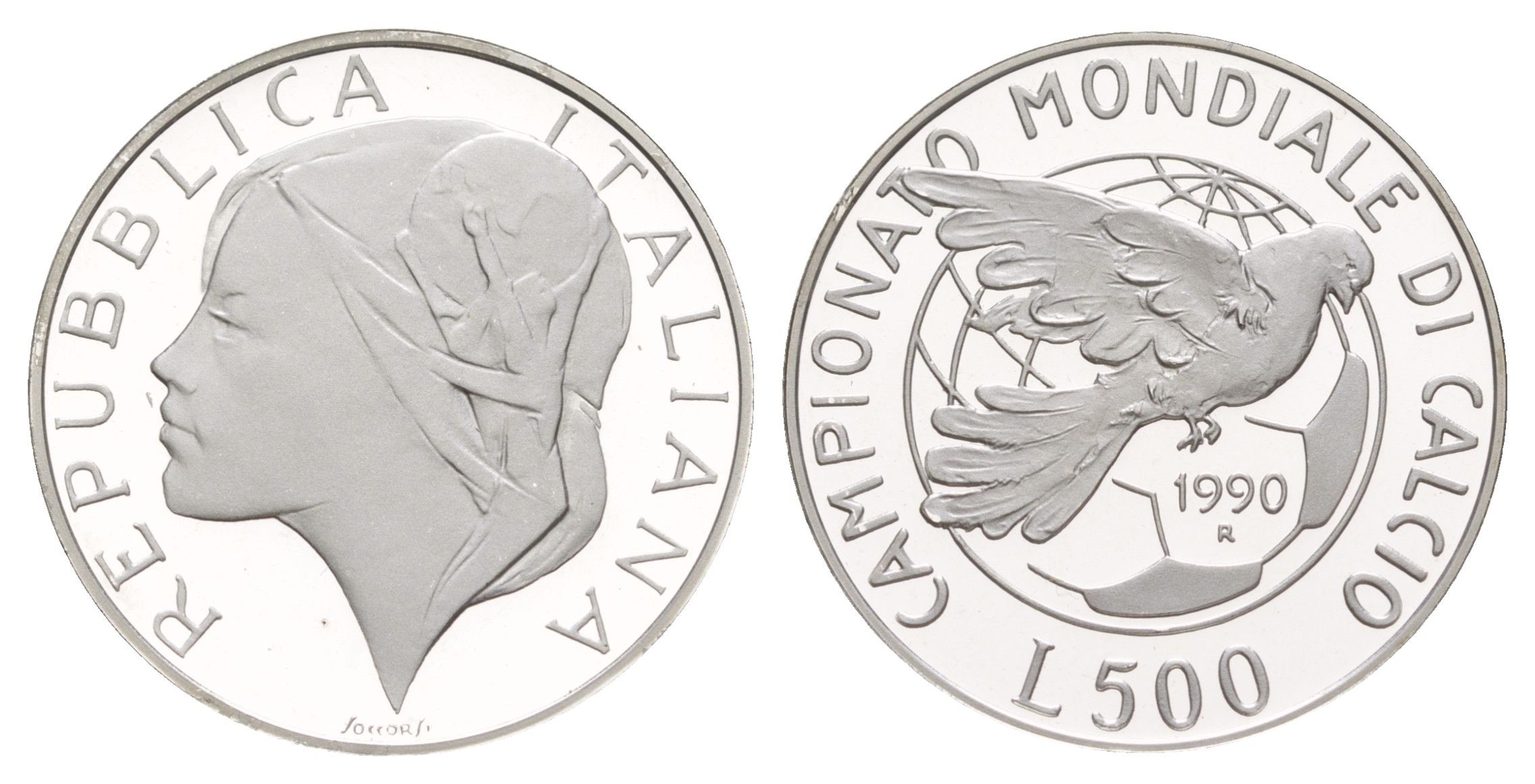 Италия 500 лир 1990 Чемпионат мира по футболу 1990 KM 136 серебро PROOF 1083-3-71