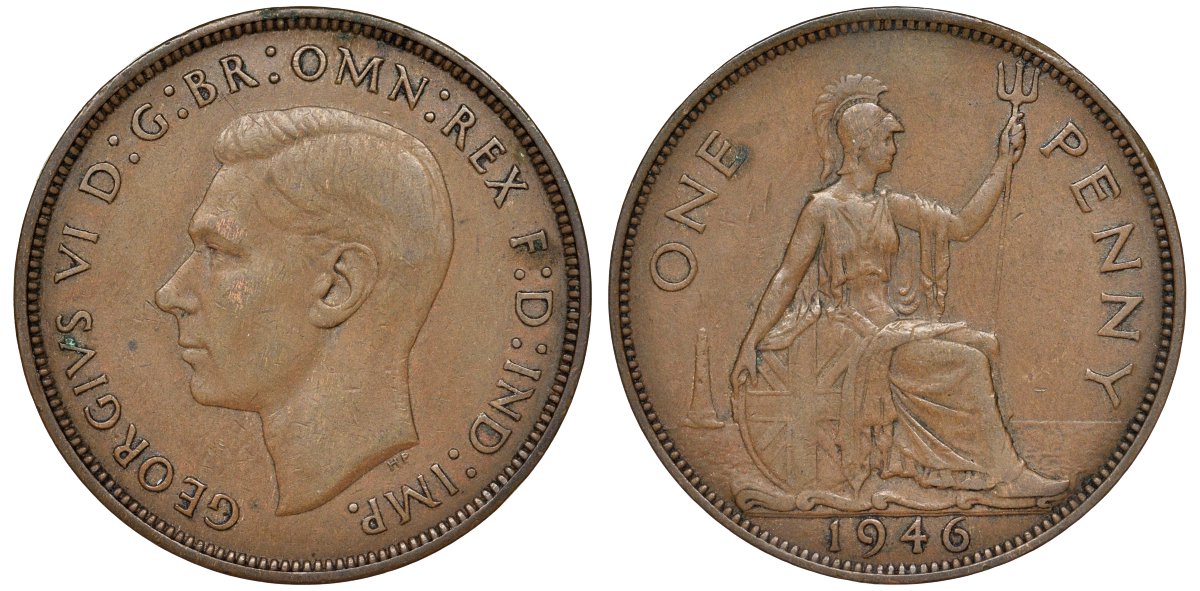 Великобритания 1 пенни 1946 Георг VI (1936-1952) KM 845, Spink 4114 бронза 51-2323