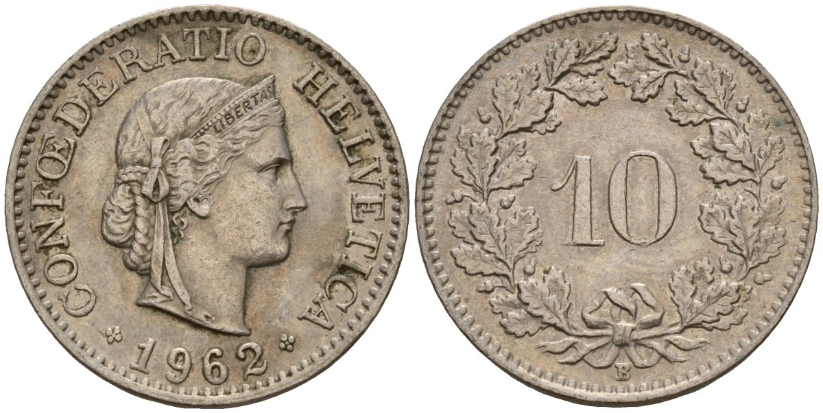 Швейцария 10 раппенов 1962 B KM 27 медно-никель 4189-363