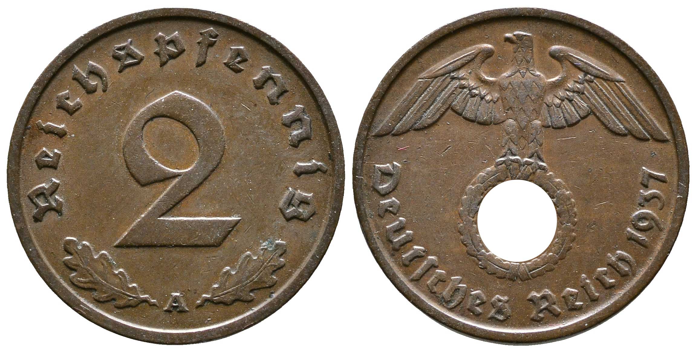 Германия 2 рейхспфеннига 1937 A KM 90, J. 362 бронза 176-516