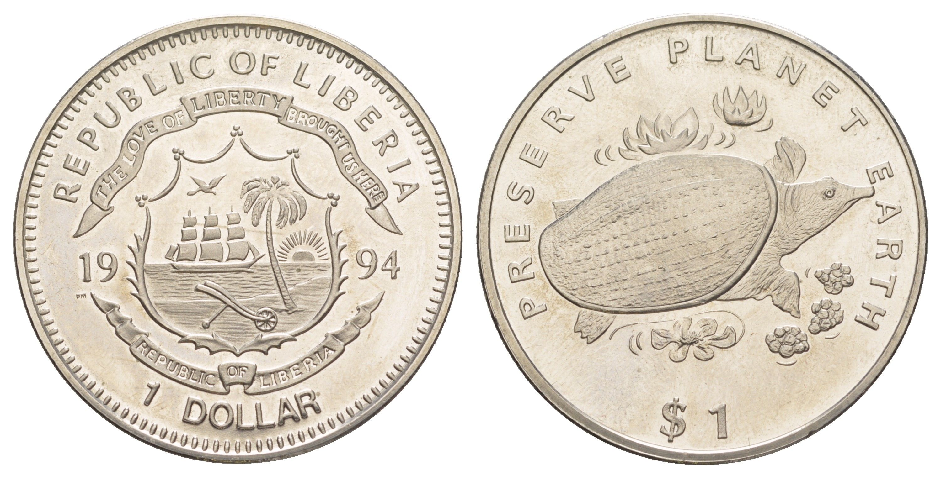 Либерия 1 доллар 1994 Сохраним планету Земля - Дальневосточная черепаха KM 124 медно-никель BU 00-00