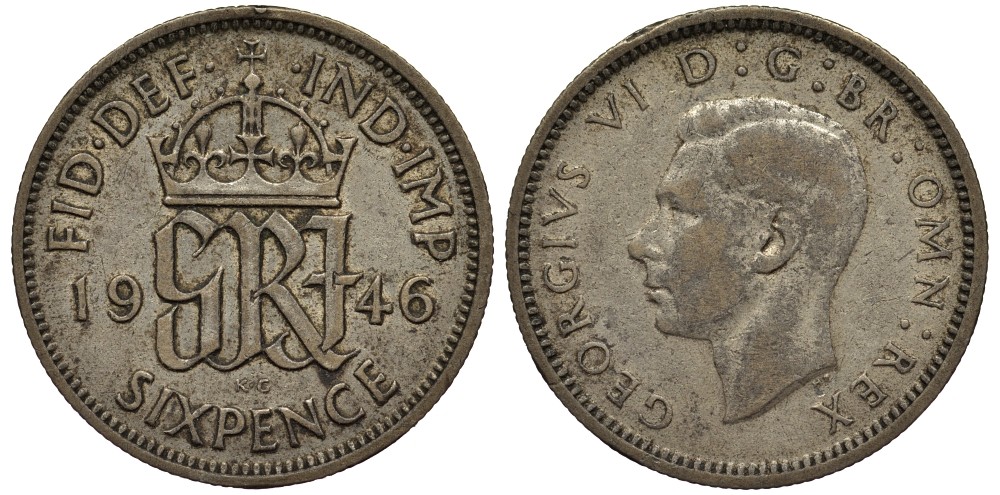 Великобритания 6 пенсов 1946 Георг VI (1936-1952) KM 852, Spink 4084 серебро 4538-637