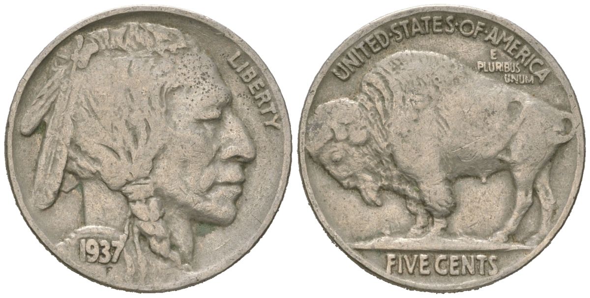 США 5 центов 1937 индеец, бизон KM 134 медно-никель 4614-1265