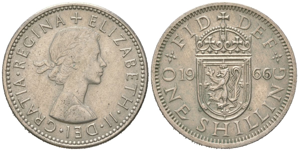 Великобритания 1 шиллинг 1966 Елизавета II (1952-2022), Шотландский герб KM 905, Spink 4148 медно-никель 4619-925
