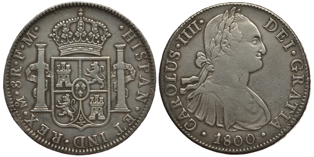 Мексика 8 реалов 1800 FM, МОНДВОР (МЕХИКО СИТИ), КАРЛ IV ИСПАНСКИЙ (1788-1808) KM 109 серебро 00-000-00