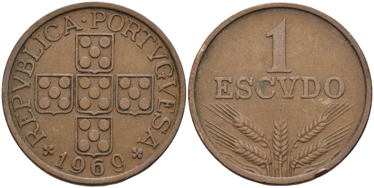 Португалия 1 эскудо 1969 первый год KM 597 бронза 4126-611