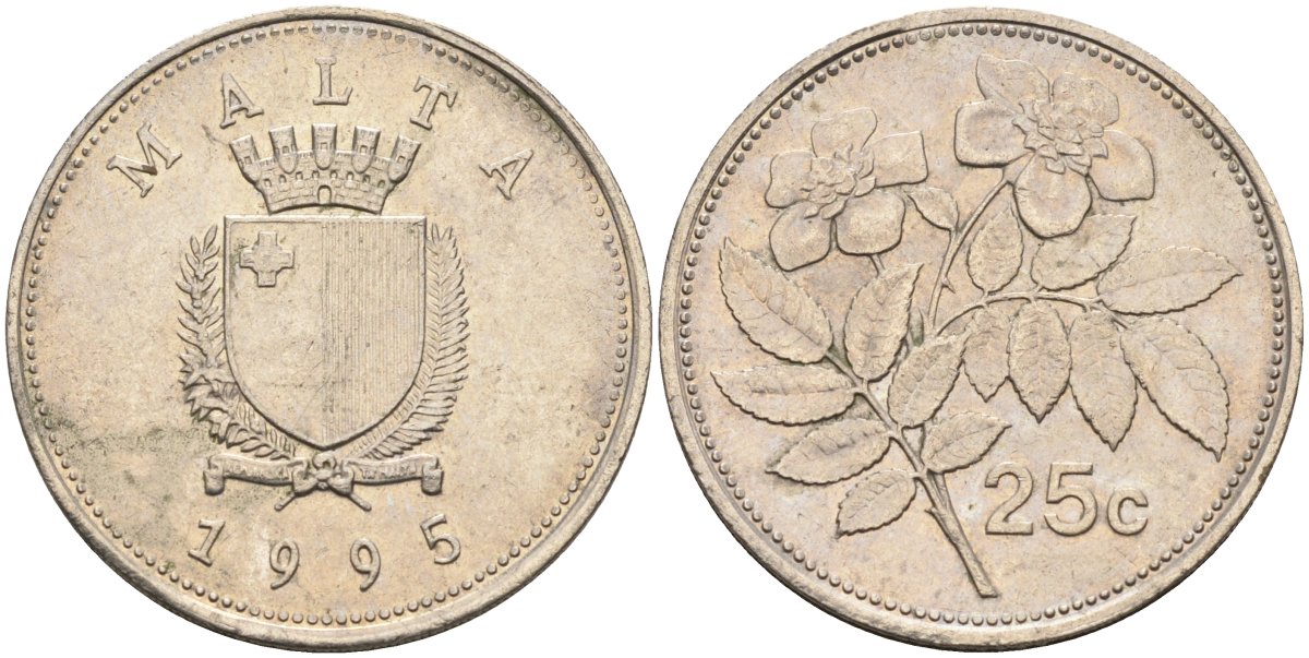 Мальта 25 центов 1995 шиповник вечнозелёный KM 97 медно-никель 3336-351