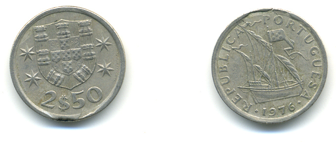 ПОРТУГАЛИЯ 2,5 ЭСКУДО 1976 ПАРУСНИК KM 590 медно-никель 3999-834