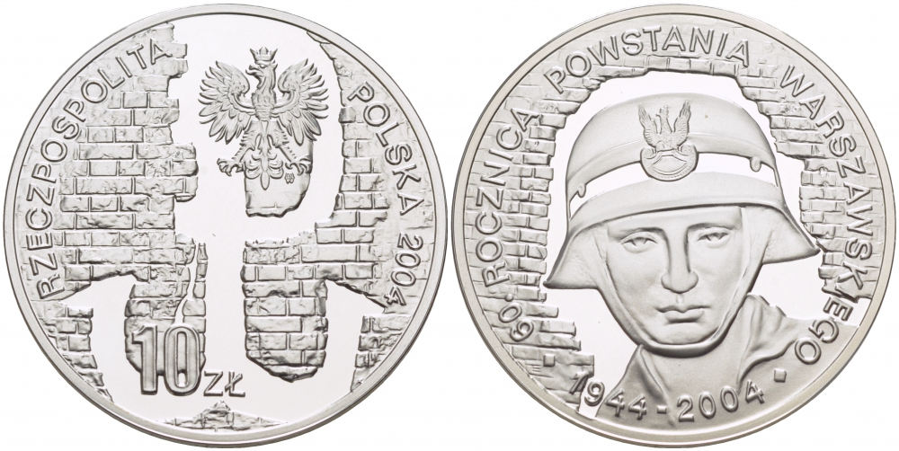 Польша 10 злотых 2004 MW, 60 лет Варшавскому восстанию 1944 года KM 497 серебро PROOF 1068-6-64