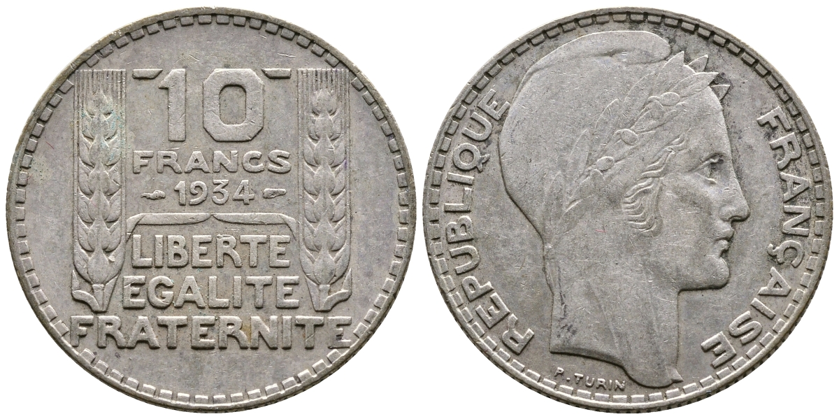 Франция 10 франков 1931 Пьер Тюрен KM 878, Le Franc 360.4 серебро 79-1432